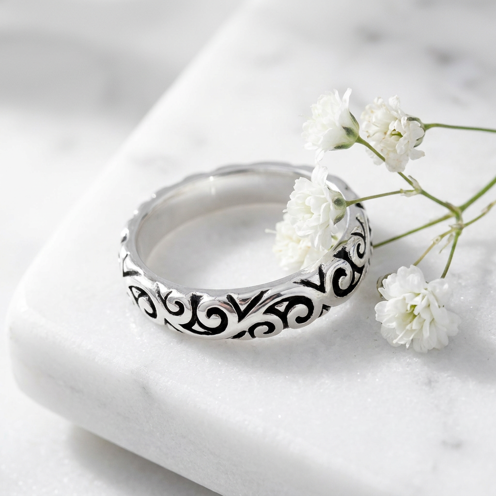 Sterling Silver 3.6mm Oxidized Scroll Swirl Eternity Band Ring for Women life1