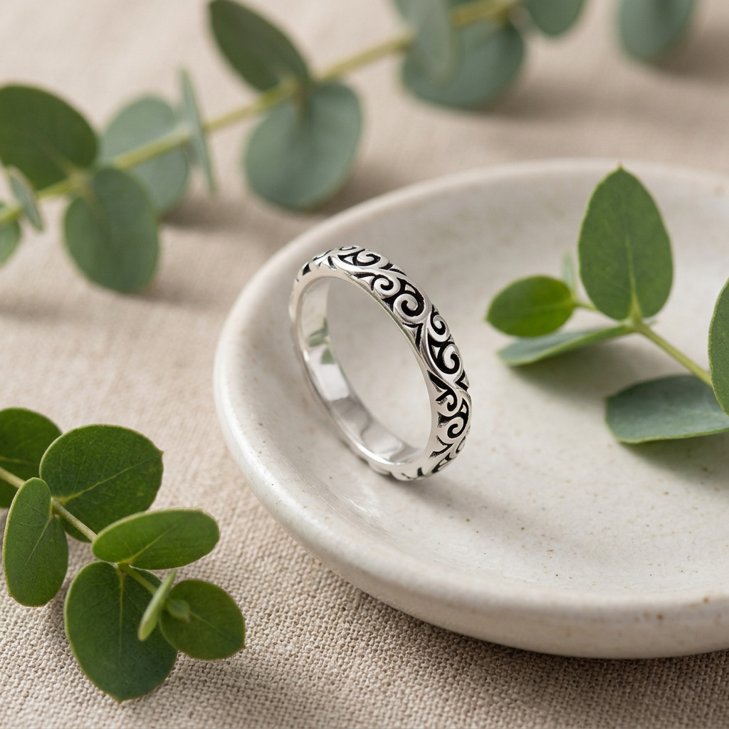 Sterling Silver 3.6mm Oxidized Scroll Swirl Eternity Band Ring for Women life2