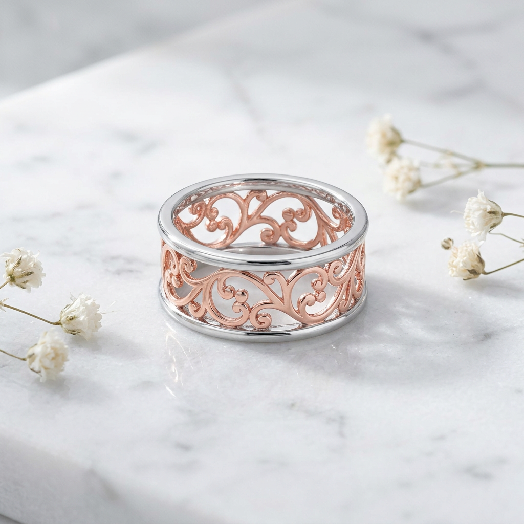 Rose Gold Plated Sterling Silver 9mm Two Tone Filigree Ring for Women life1