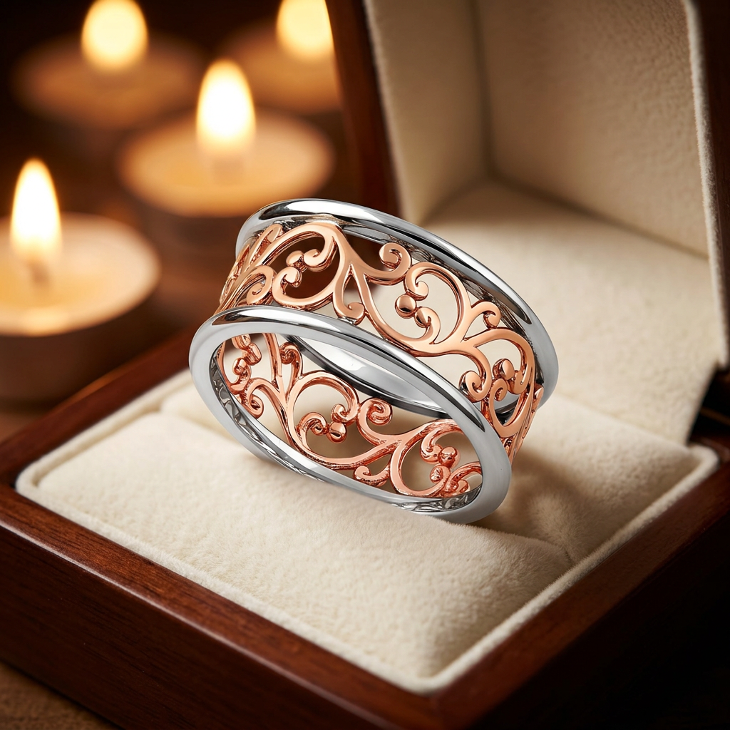 Rose Gold Plated Sterling Silver 9mm Two Tone Filigree Ring for Women life3