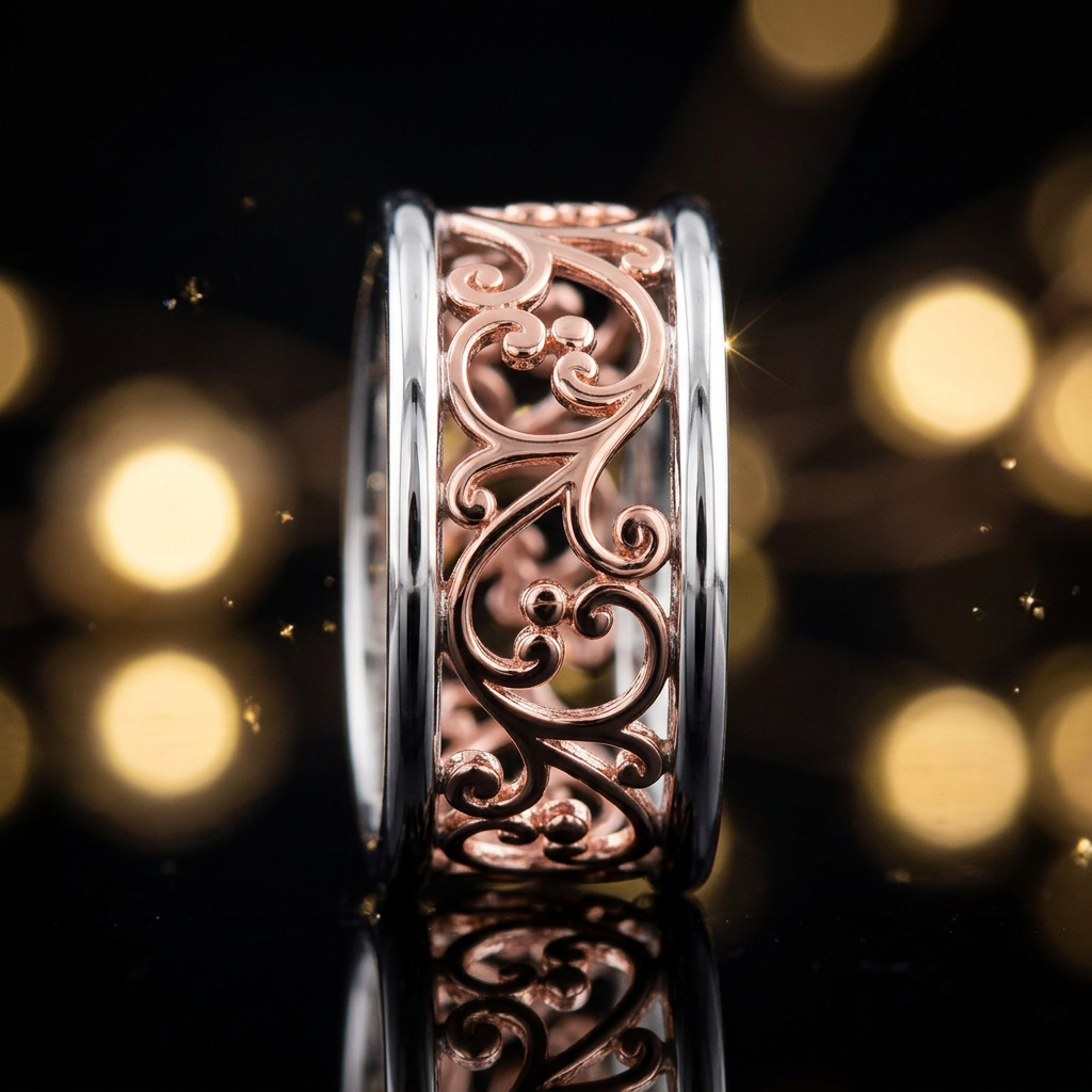 Rose Gold Plated Sterling Silver 9mm Two Tone Filigree Ring for Women life4