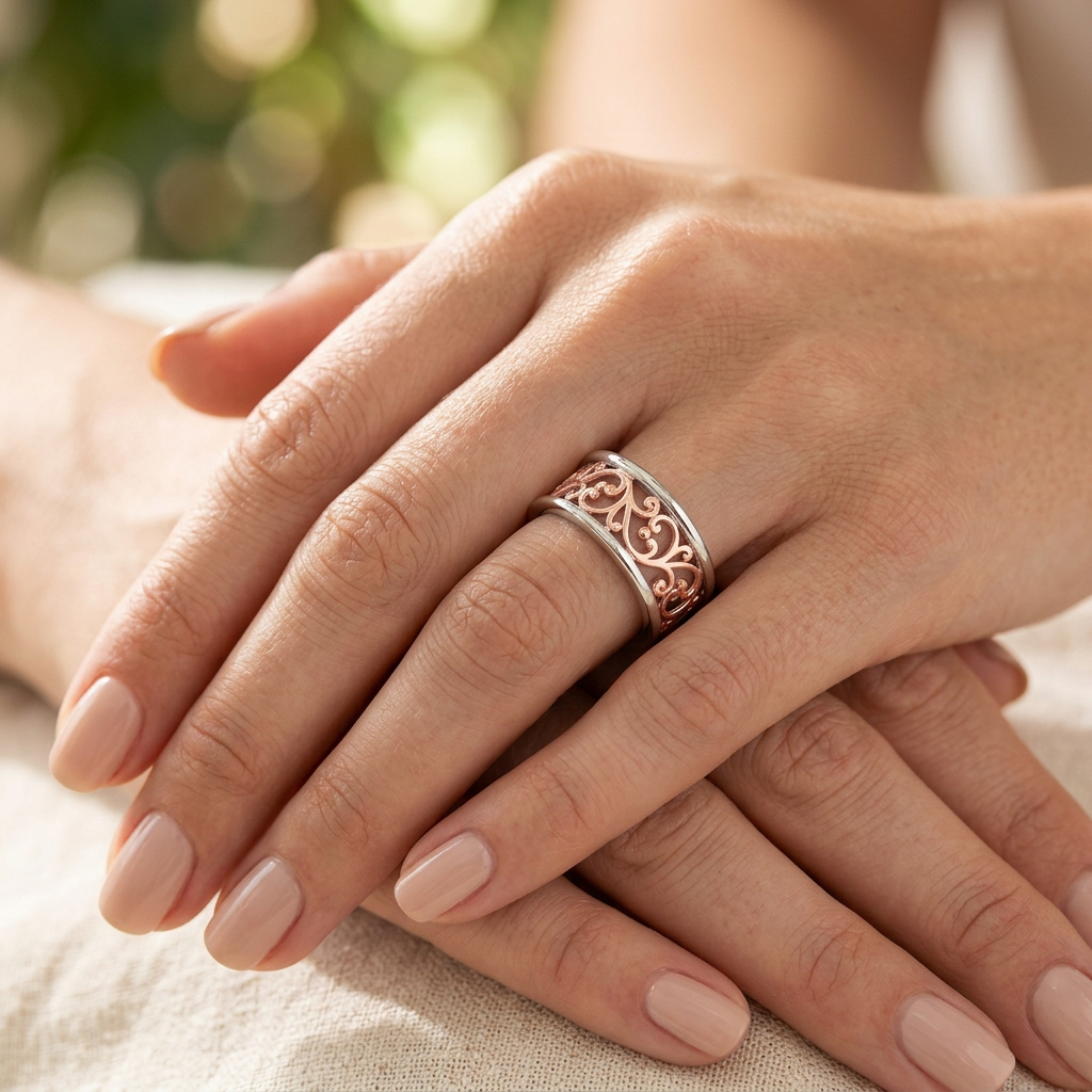 Rose Gold Plated Sterling Silver 9mm Two Tone Filigree Ring for Women model