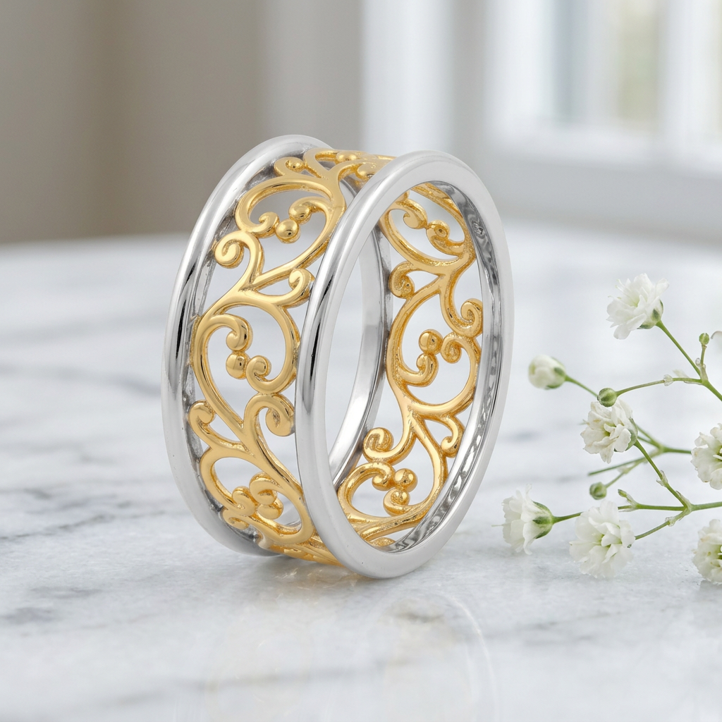Gold Plated Sterling Silver Two Tone Vine Eternity Band Ring for Women life1