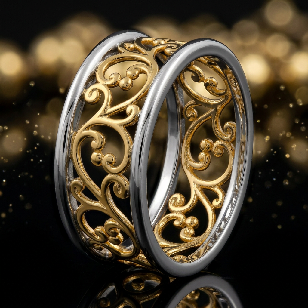 Gold Plated Sterling Silver Two Tone Vine Eternity Band Ring for Women life4
