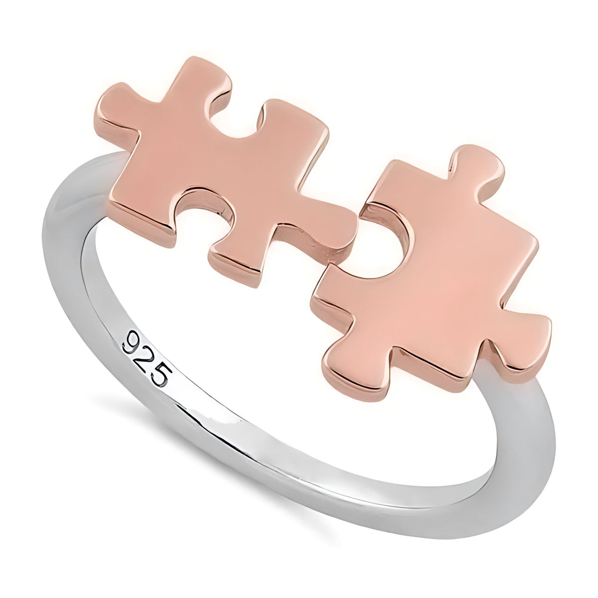 Two Tone Rose Gold Plated Sterling Silver Interlocking Puzzle Piece Ring for Women