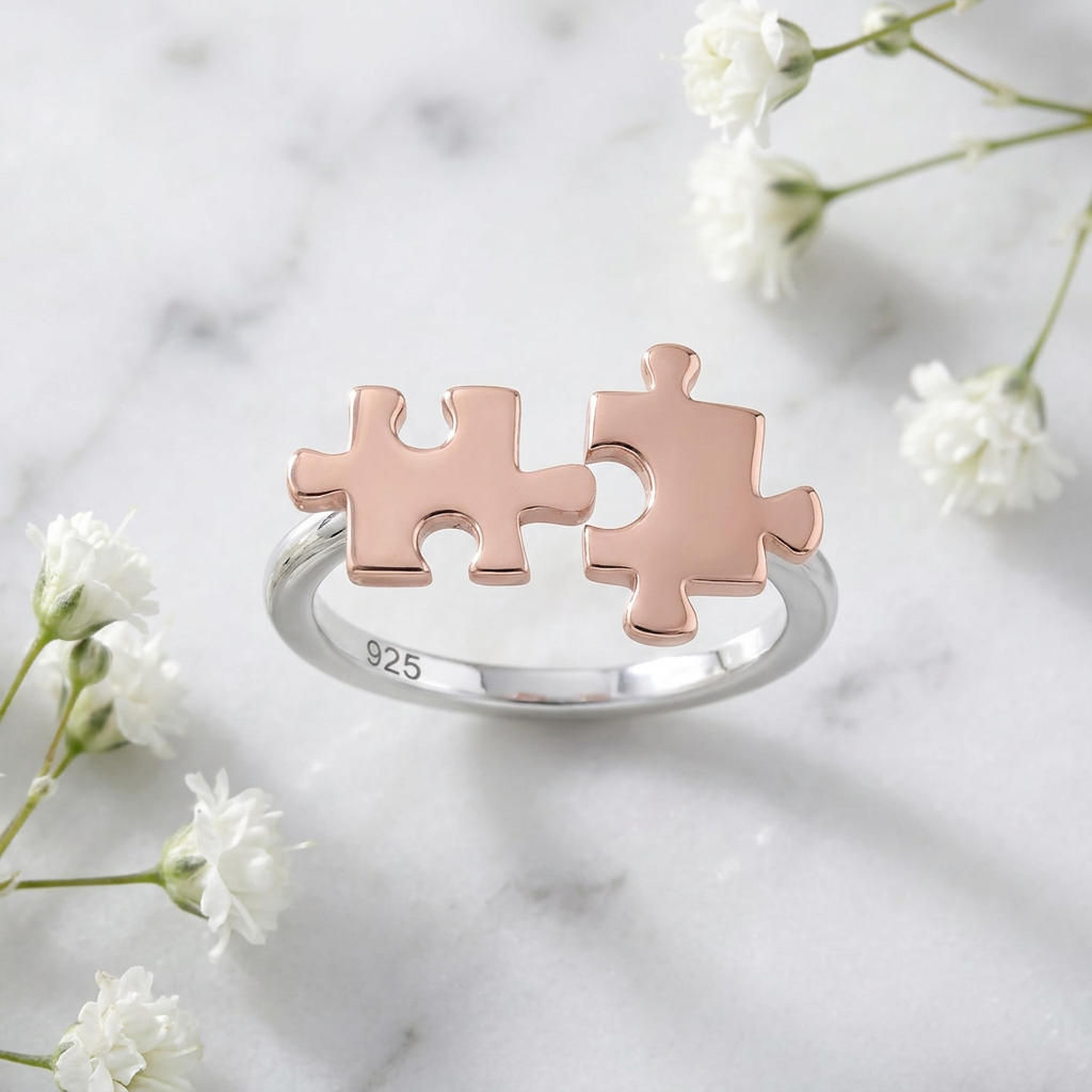 Two Tone Rose Gold Plated Sterling Silver Interlocking Puzzle Piece Ring for Women life1