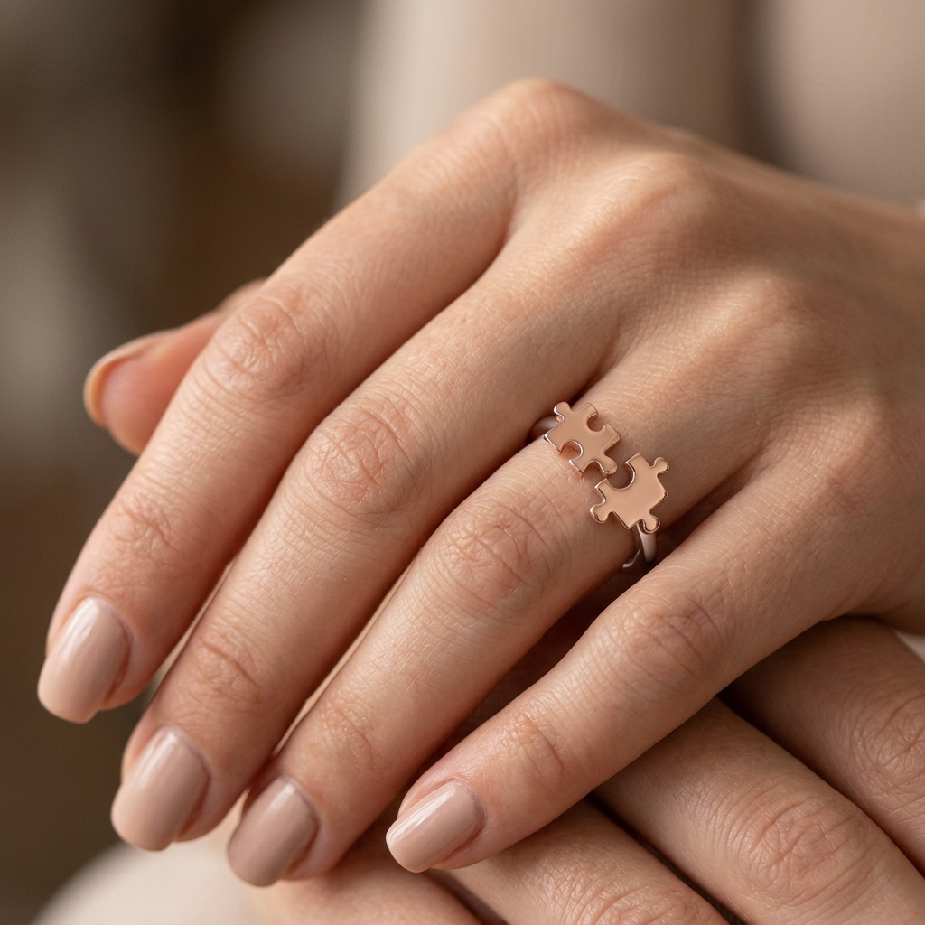 Two Tone Rose Gold Plated Sterling Silver Interlocking Puzzle Piece Ring for Women model