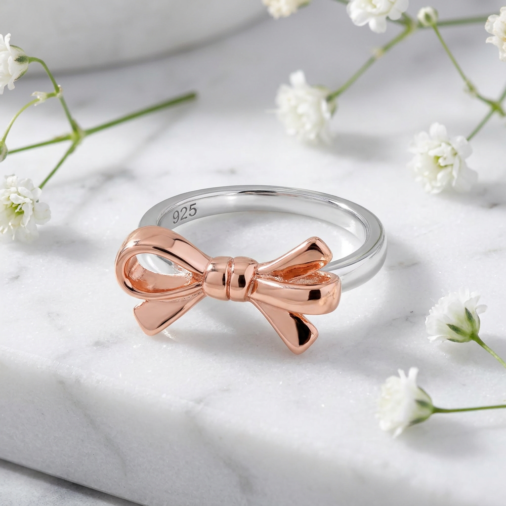 Rose Gold Plated Sterling Silver Two Tone Ribbon Bow Ring for Women life1
