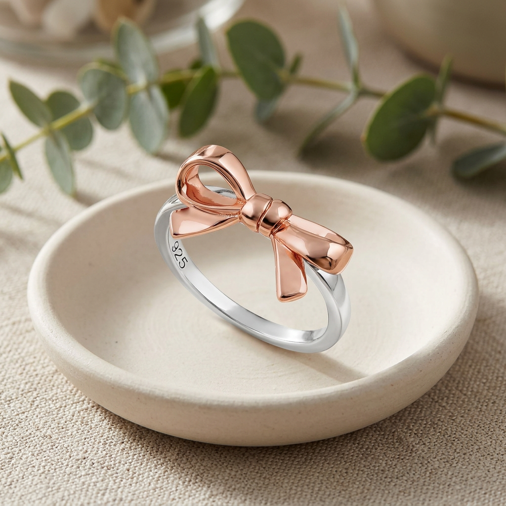Rose Gold Plated Sterling Silver Two Tone Ribbon Bow Ring for Women life2