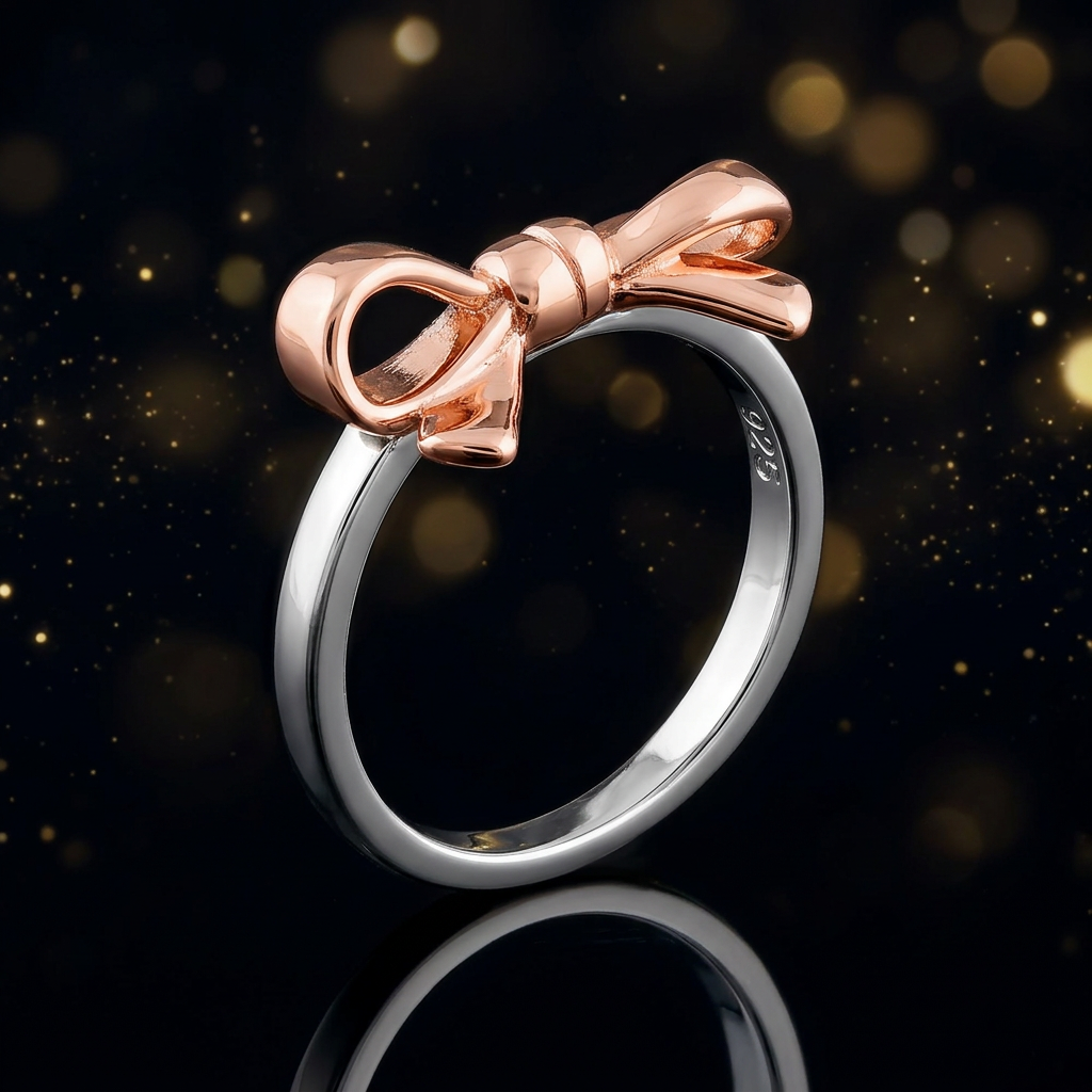 Rose Gold Plated Sterling Silver Two Tone Ribbon Bow Ring for Women life4