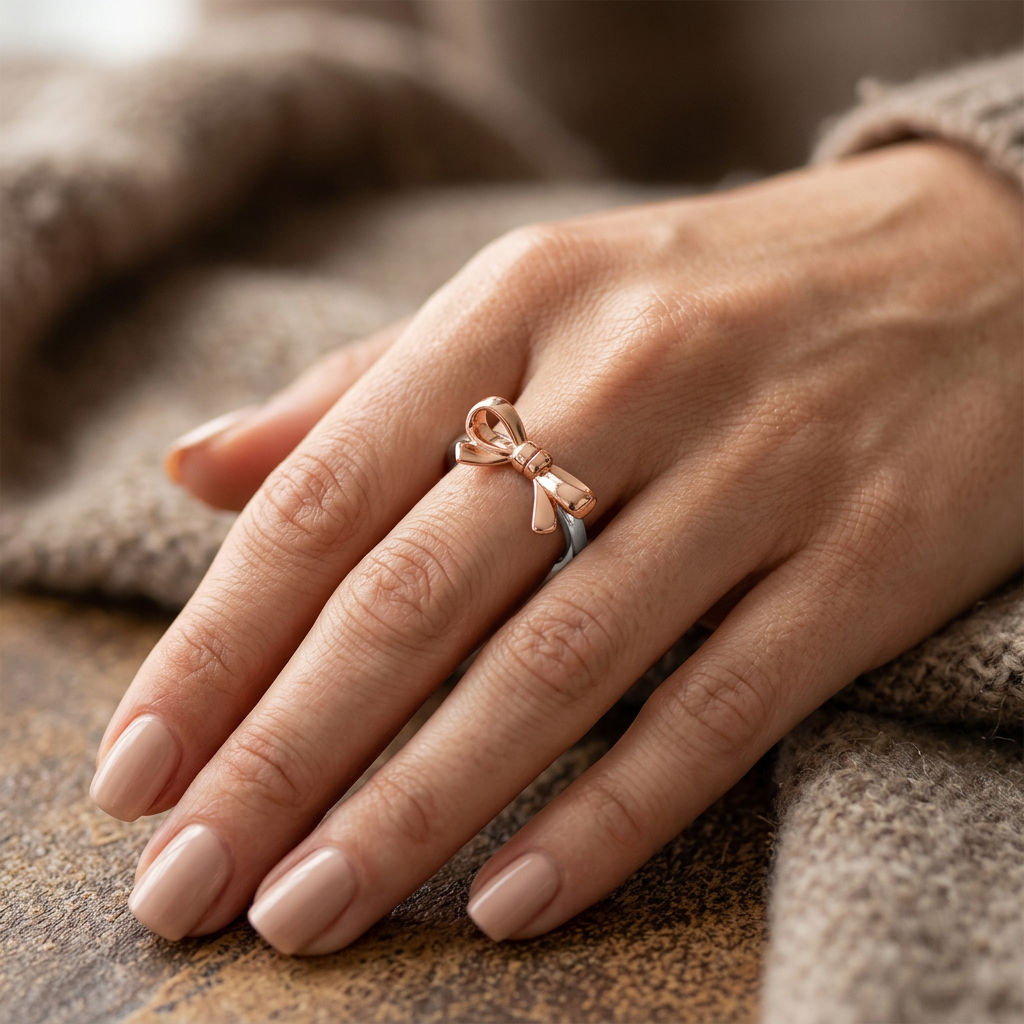 Rose Gold Plated Sterling Silver Two Tone Ribbon Bow Ring for Women model