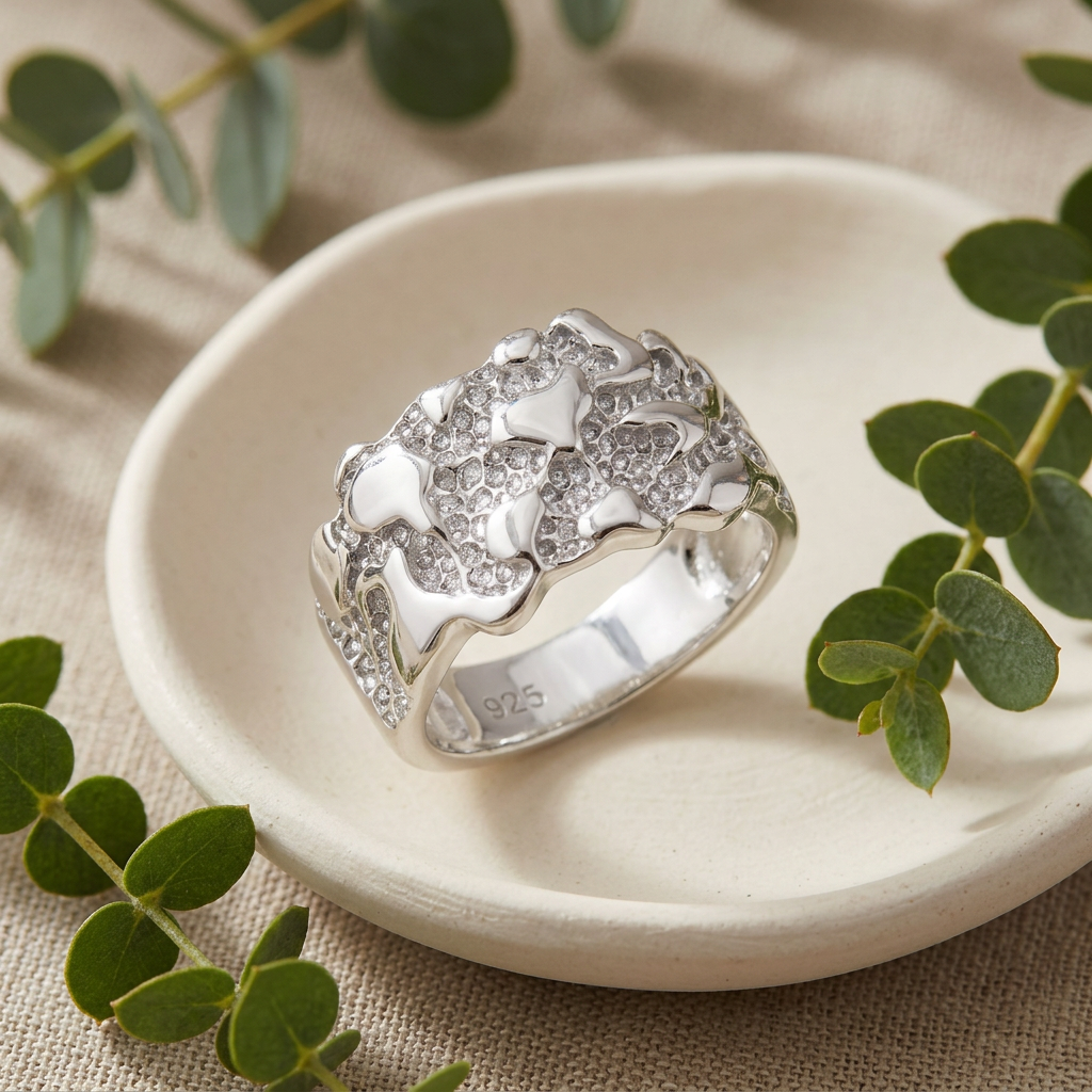 Sterling Silver 7.4mm Nugget Textured Band Ring for Men life2