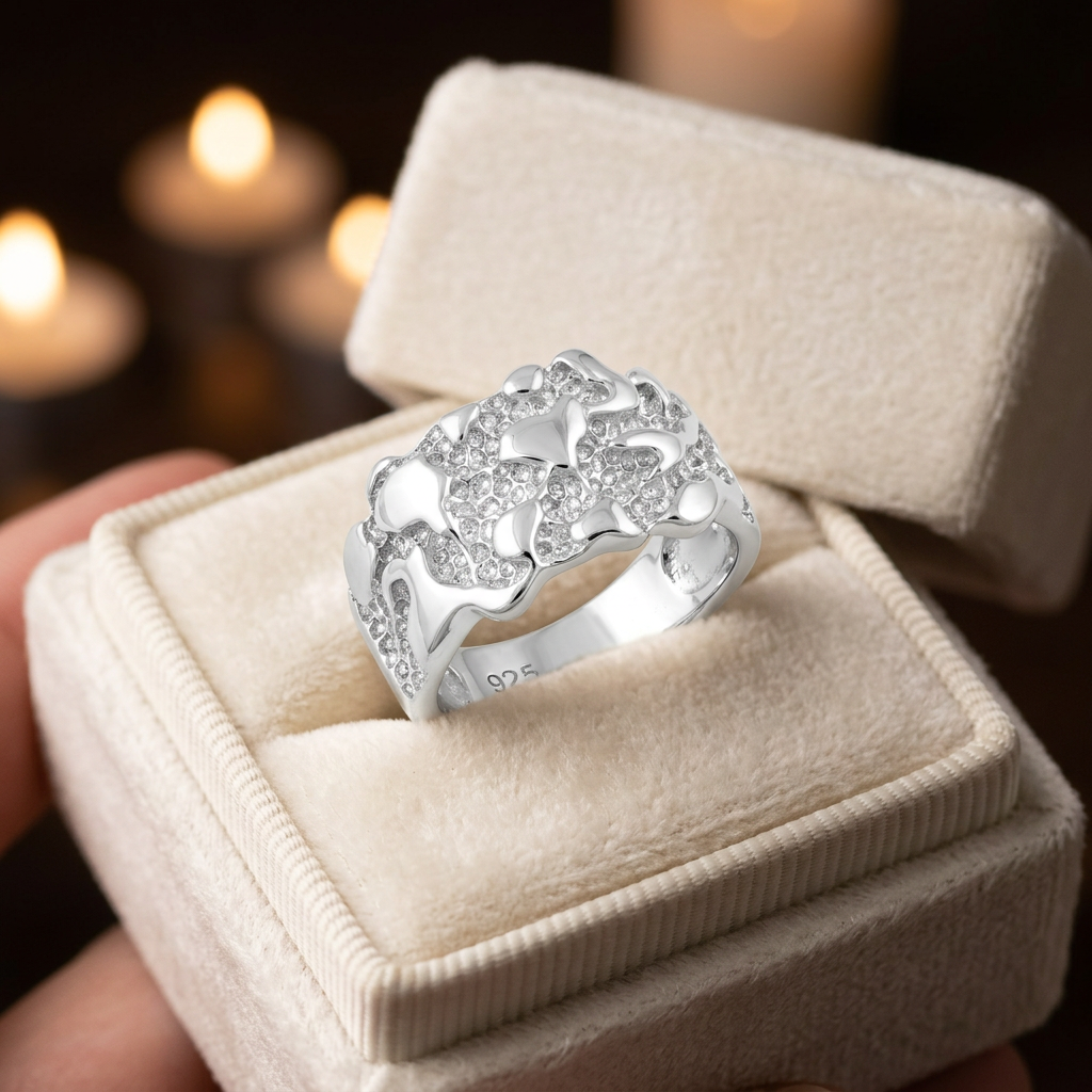 Sterling Silver 7.4mm Nugget Textured Band Ring for Men life3