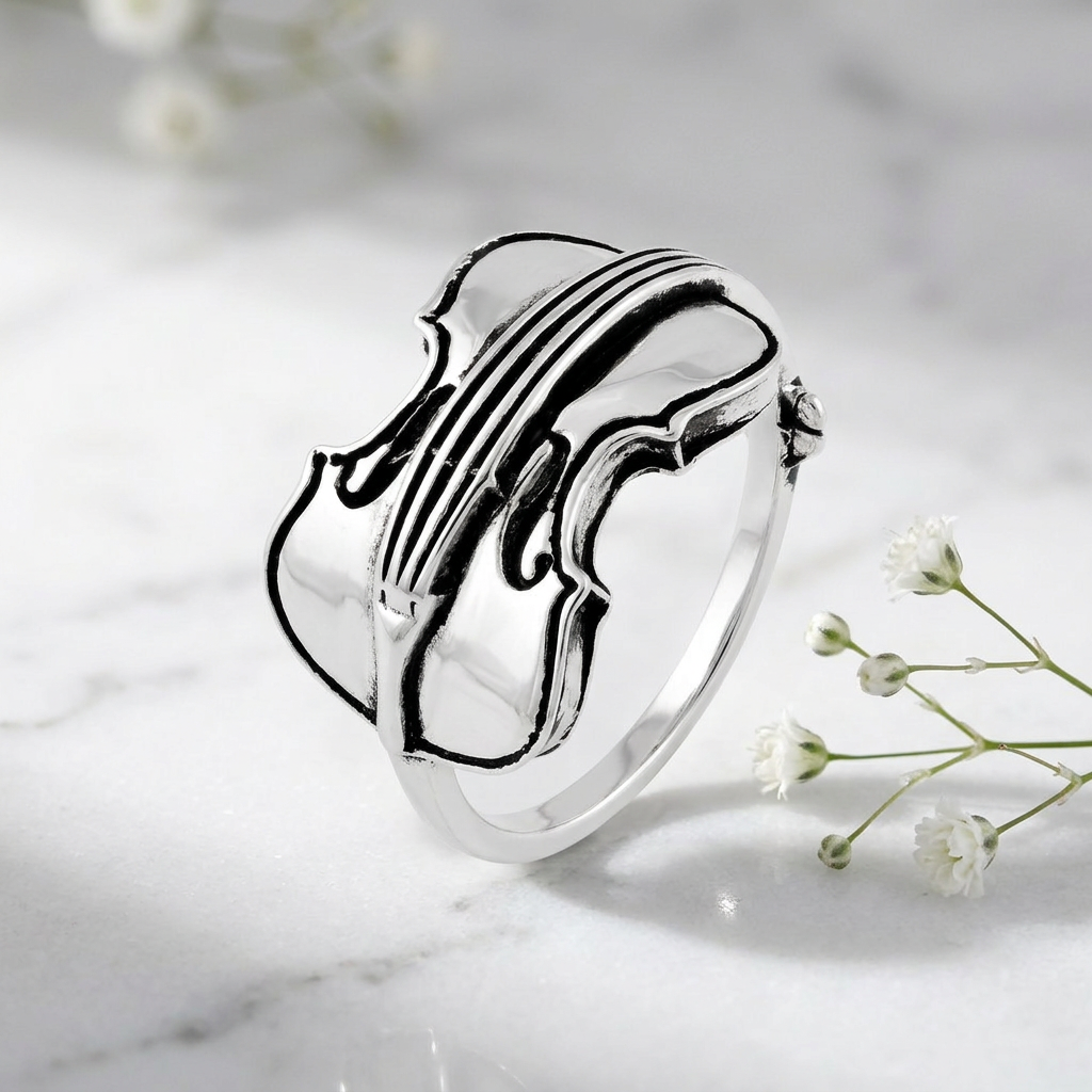 Sterling Silver Violin Music Ring for Women life1