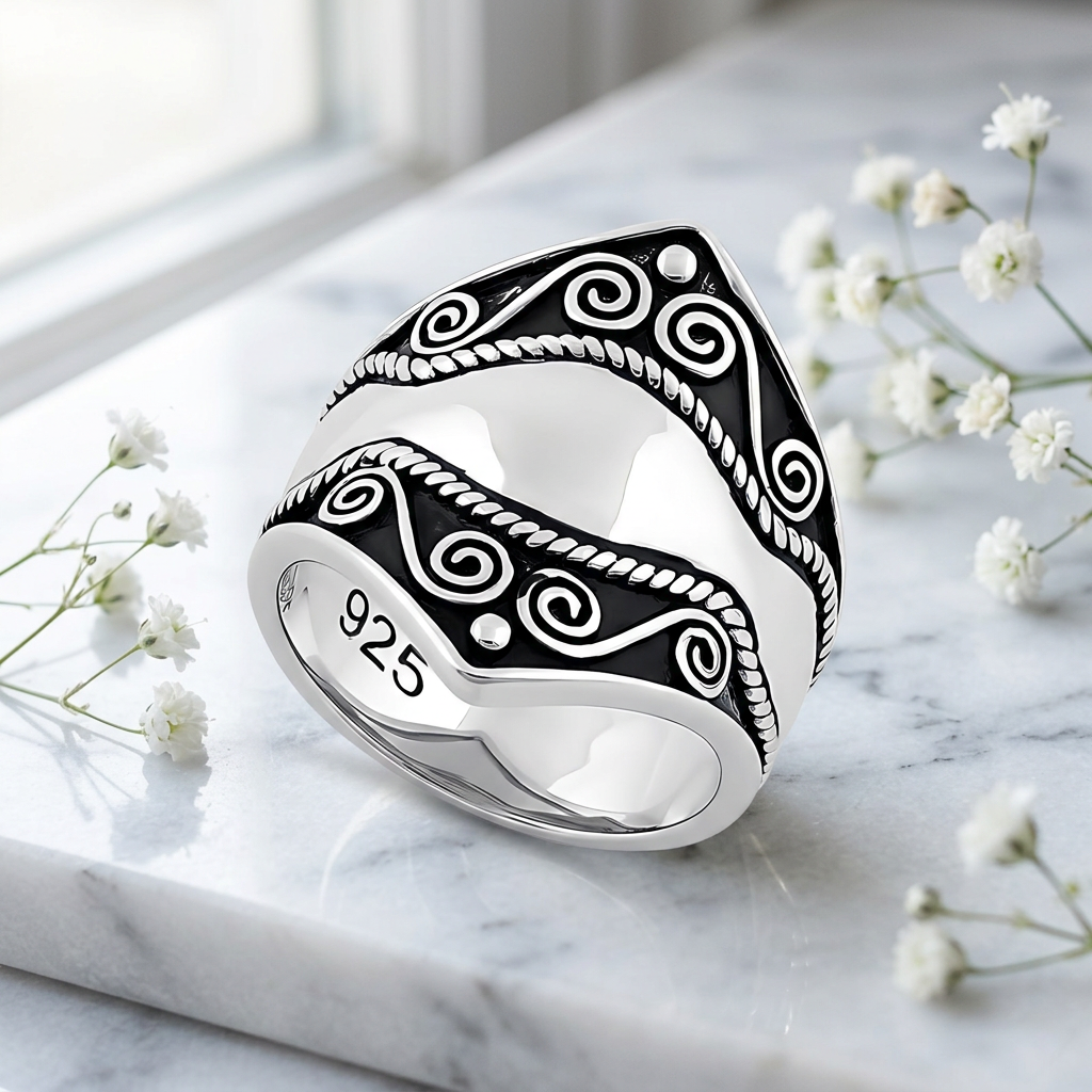 Sterling Silver 9mm Oxidized Bali Spiral and Rope Saddle Ring for Women life1
