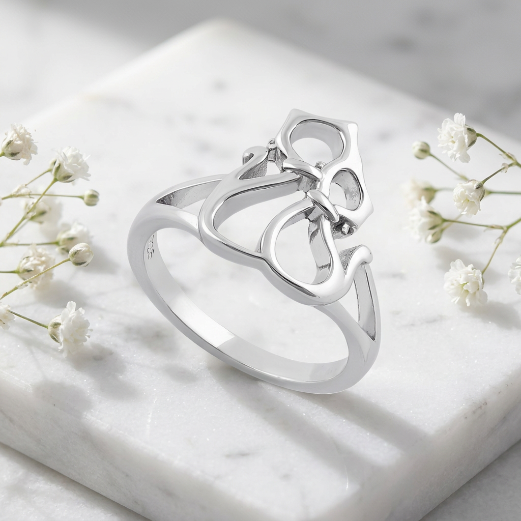 Sterling Silver Openwork Double Cat Statement Ring for Women life1