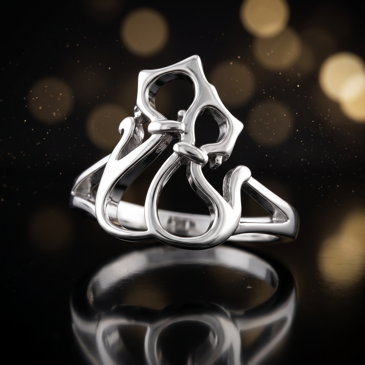 Sterling Silver Openwork Double Cat Statement Ring for Women life4