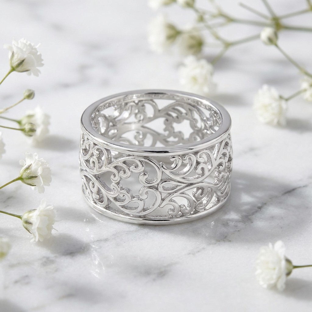 Sterling Silver 11.6mm Extra Wide Openwork Vine Scroll Band Ring for Women life1