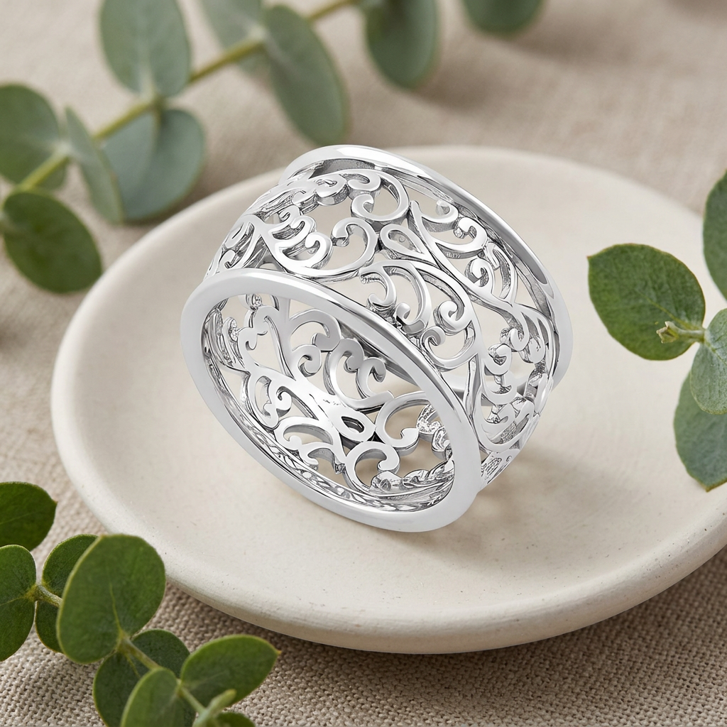Sterling Silver 11.6mm Extra Wide Openwork Vine Scroll Band Ring for Women life2