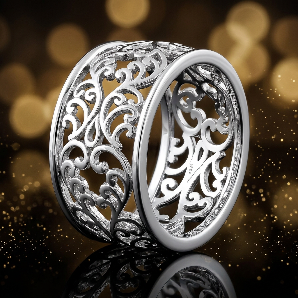 Sterling Silver 11.6mm Extra Wide Openwork Vine Scroll Band Ring for Women life4