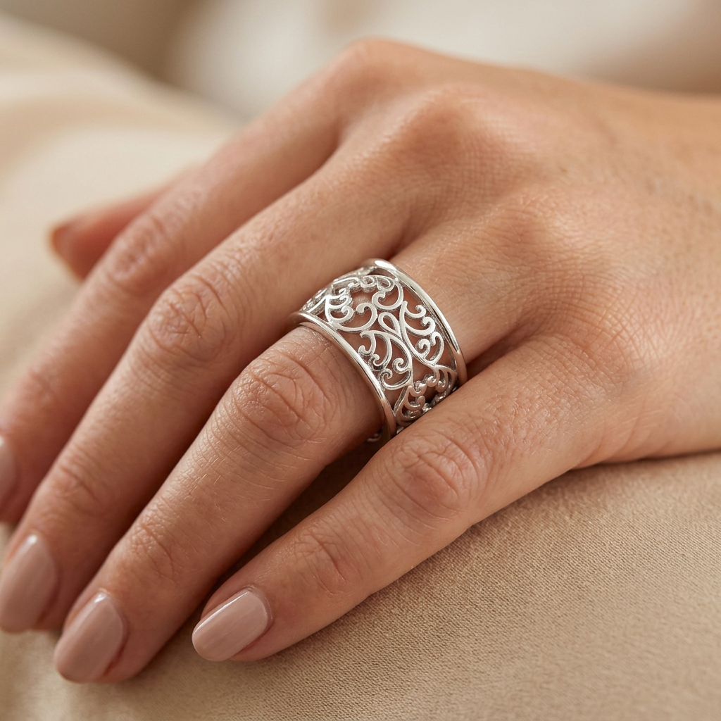 Sterling Silver 11.6mm Extra Wide Openwork Vine Scroll Band Ring for Women model