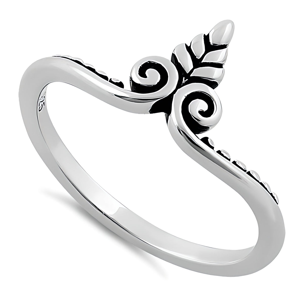 Sterling Silver 2mm Oxidized Leaf Sprout and Twin Scroll Chevron Ring for Women