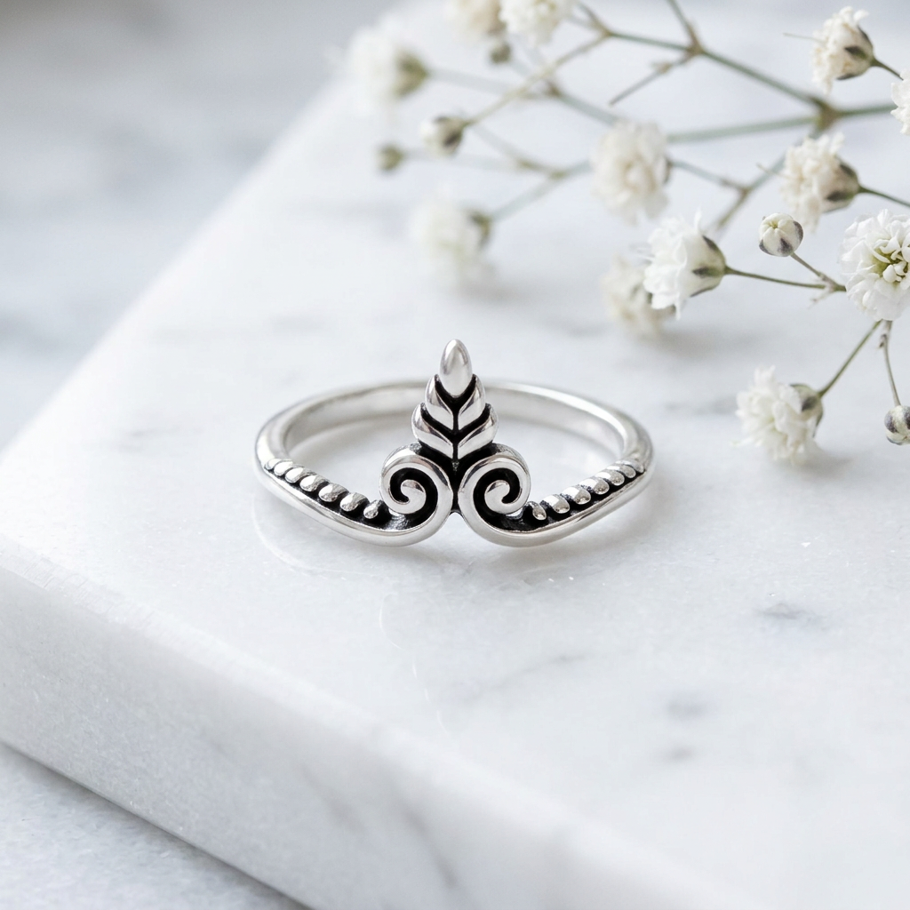Sterling Silver 2mm Oxidized Leaf Sprout and Twin Scroll Chevron Ring for Women life1
