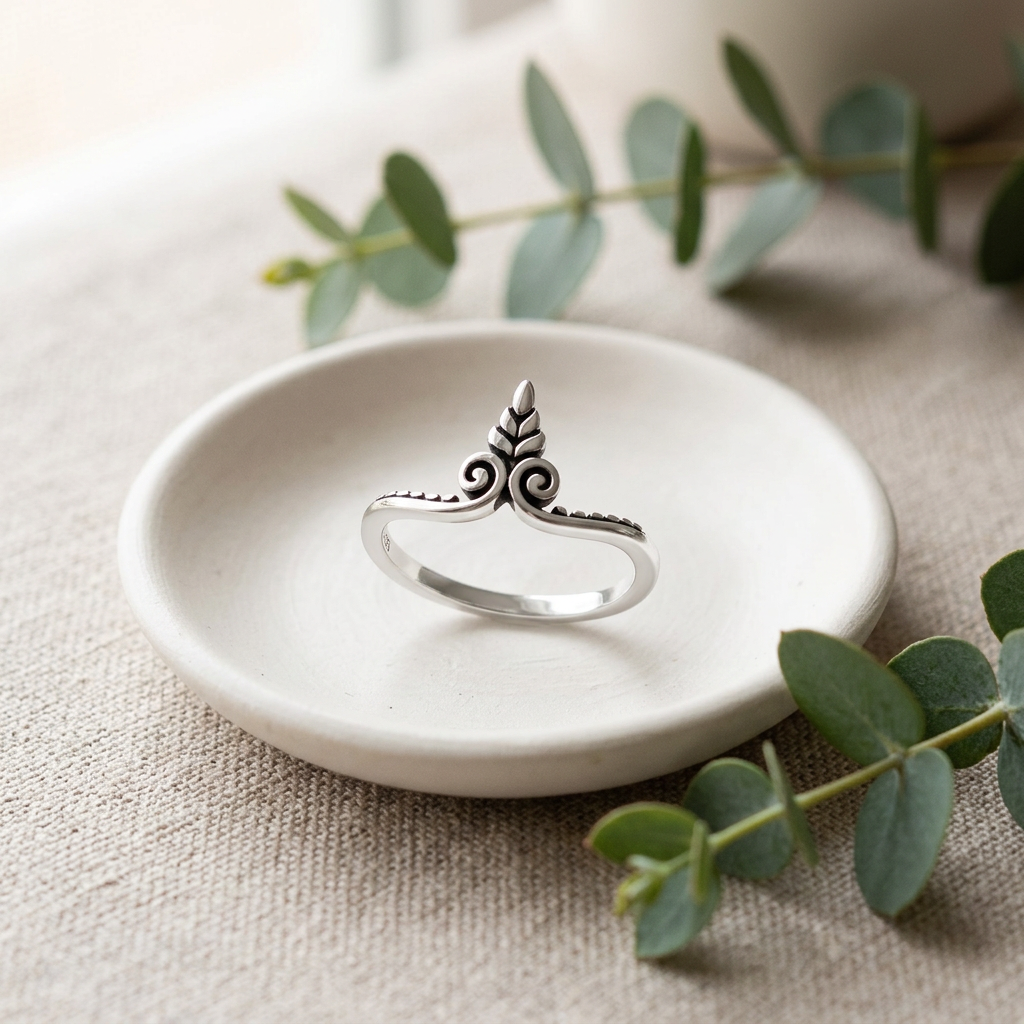 Sterling Silver 2mm Oxidized Leaf Sprout and Twin Scroll Chevron Ring for Women life2