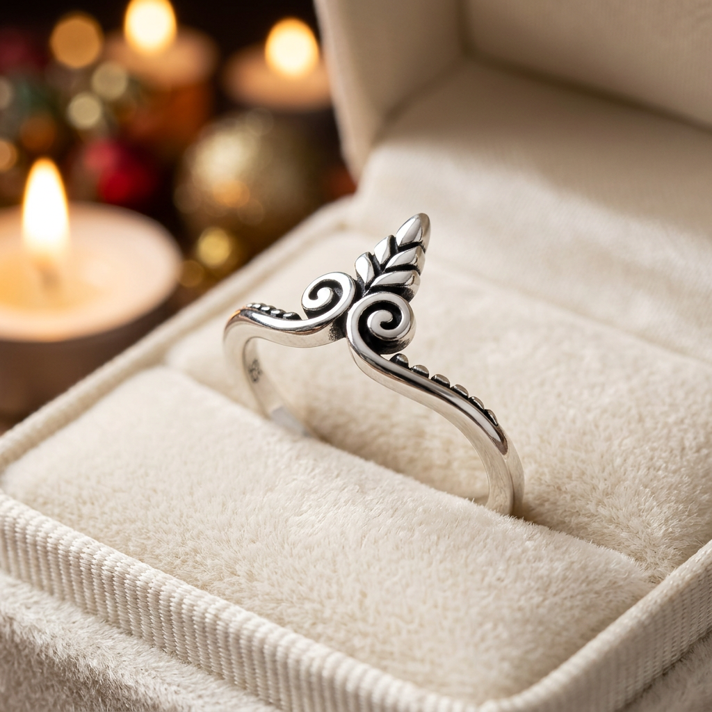 Sterling Silver 2mm Oxidized Leaf Sprout and Twin Scroll Chevron Ring for Women life3