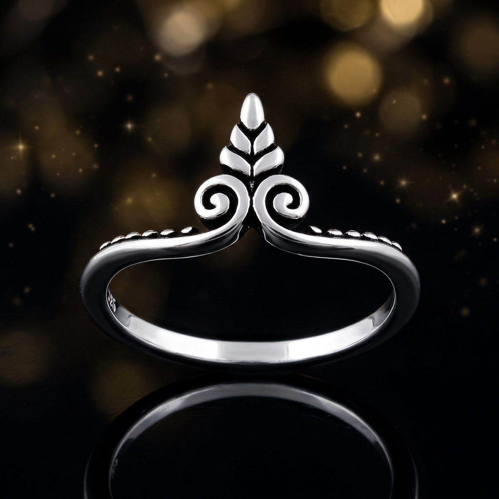 Sterling Silver 2mm Oxidized Leaf Sprout and Twin Scroll Chevron Ring for Women life4