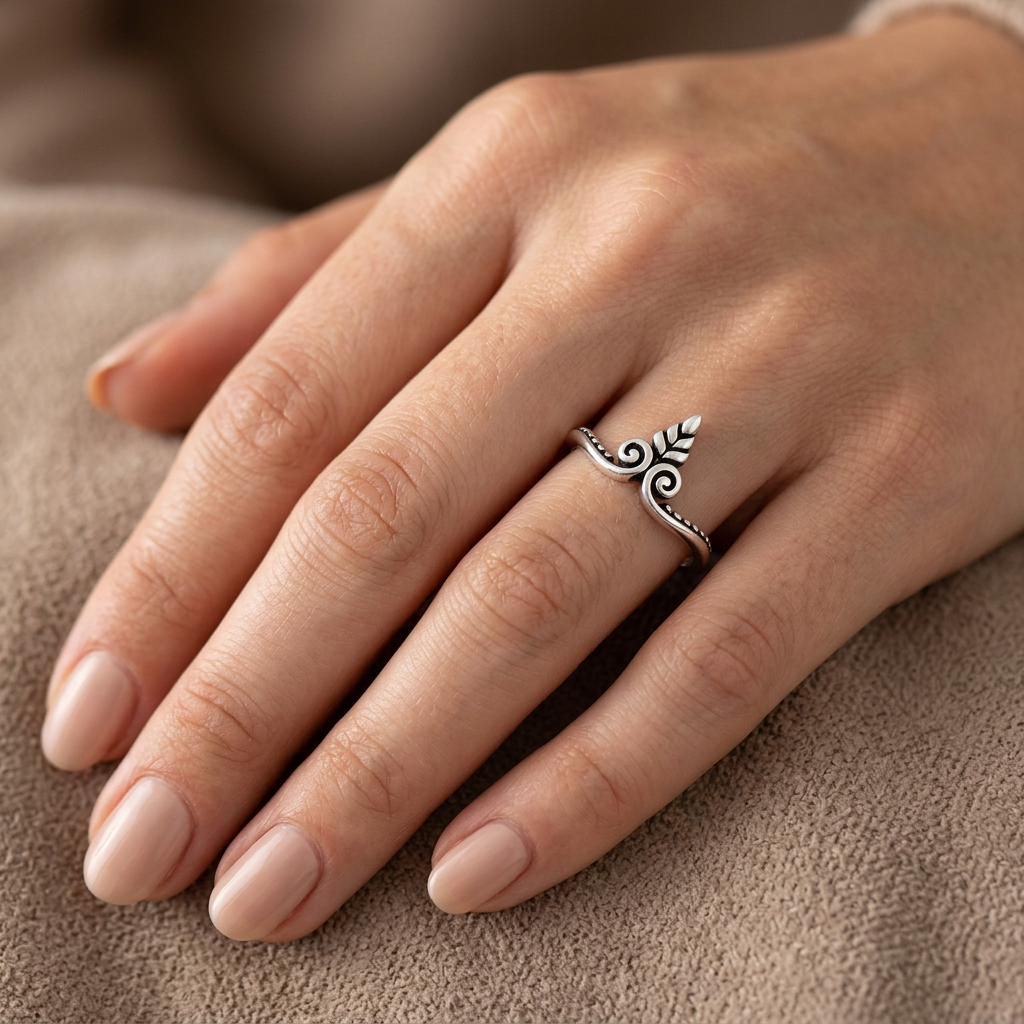 Sterling Silver 2mm Oxidized Leaf Sprout and Twin Scroll Chevron Ring for Women model