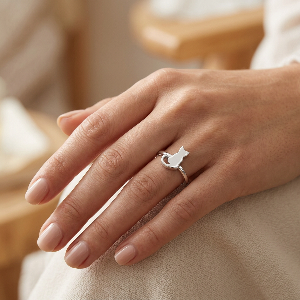 Sterling Silver Sitting Cat Stacking Ring for Women model