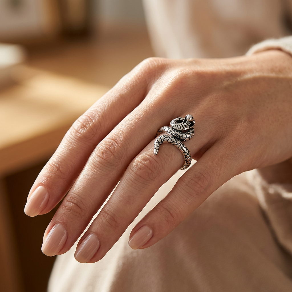 Sterling Silver Oxidized Cobra Snake Wrap Ring, Unisex model
