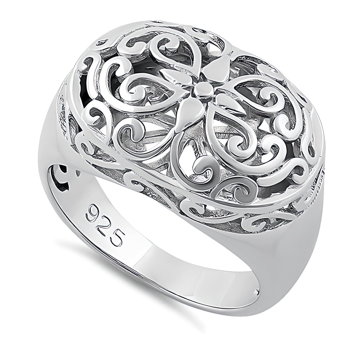 Sterling Silver 6.2mm Domed Oval Filigree Flower Scroll Statement Ring for Women