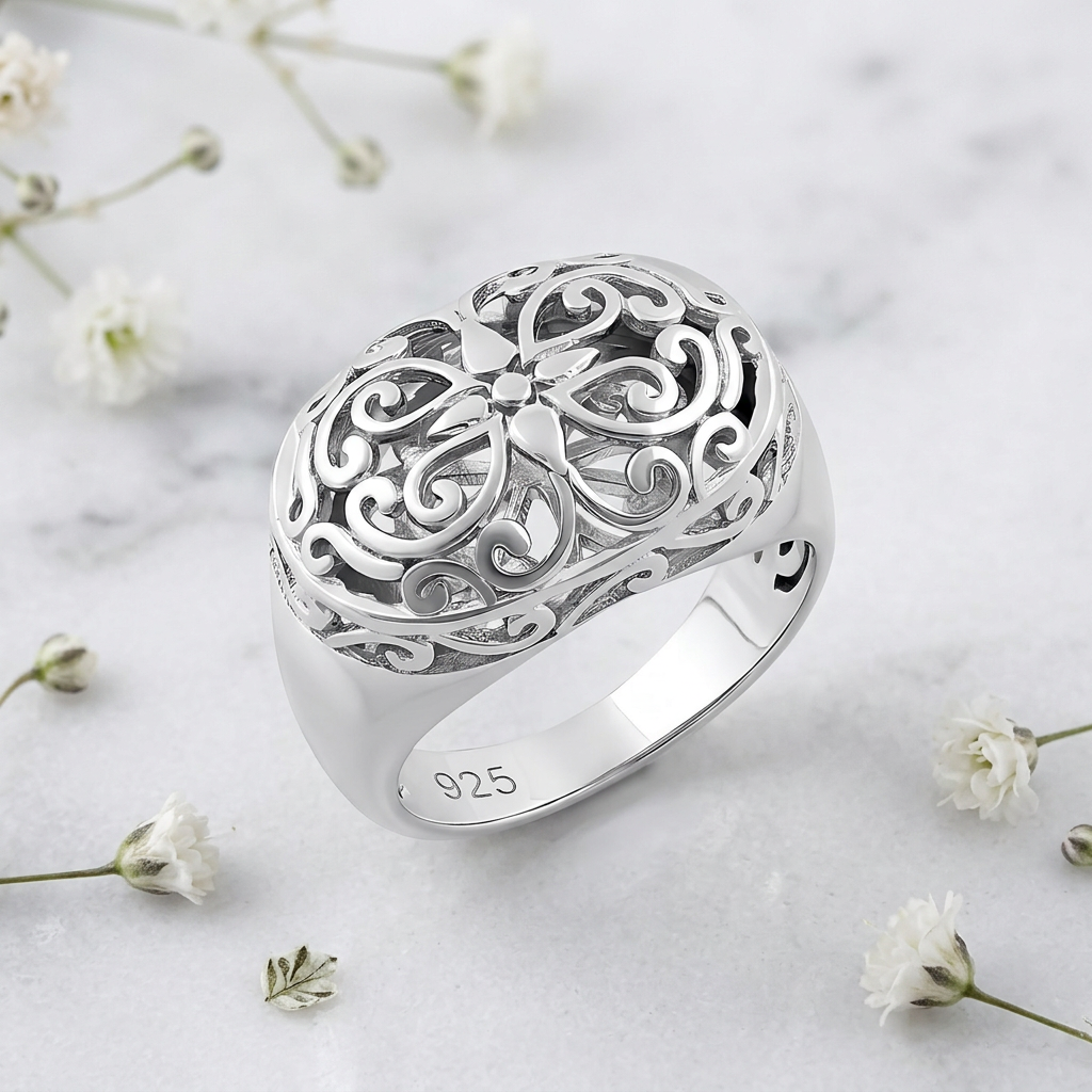 Sterling Silver 6.2mm Domed Oval Filigree Flower Scroll Statement Ring for Women life1