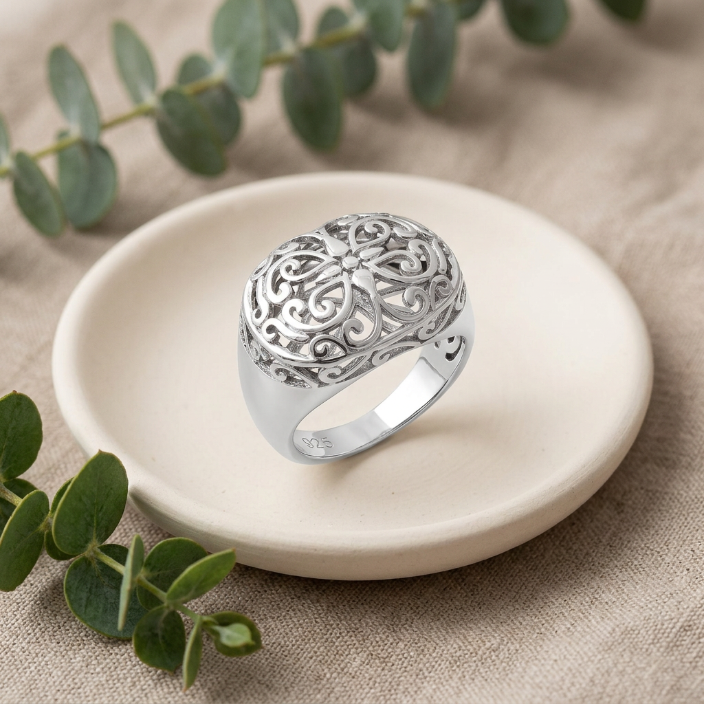 Sterling Silver 6.2mm Domed Oval Filigree Flower Scroll Statement Ring for Women life2