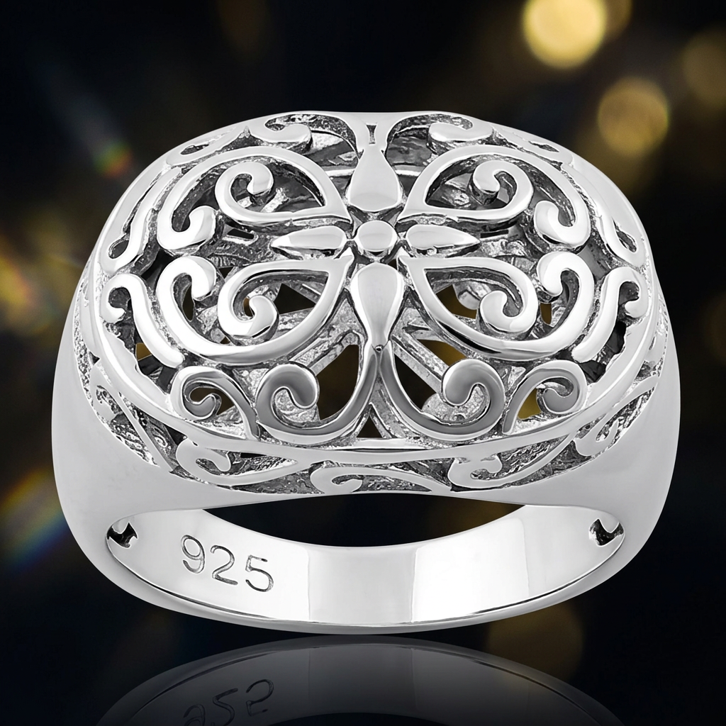 Sterling Silver 6.2mm Domed Oval Filigree Flower Scroll Statement Ring for Women life4