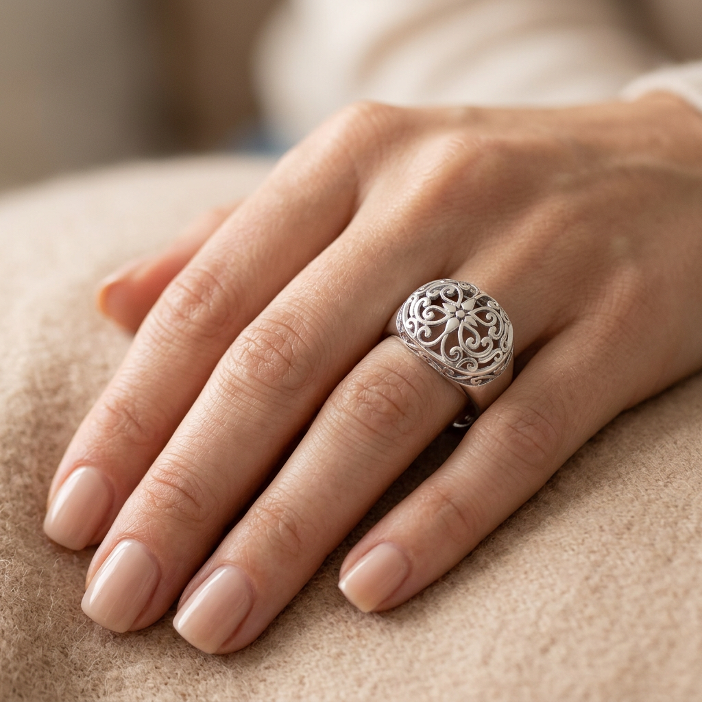 Sterling Silver 6.2mm Domed Oval Filigree Flower Scroll Statement Ring for Women model