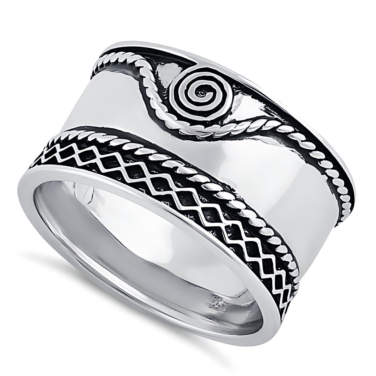 Sterling Silver 11.9mm Oxidized Bali Spiral Wide Cigar Band Ring for Women