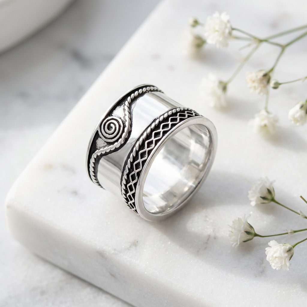Sterling Silver 11.9mm Oxidized Bali Spiral Wide Cigar Band Ring for Women life1