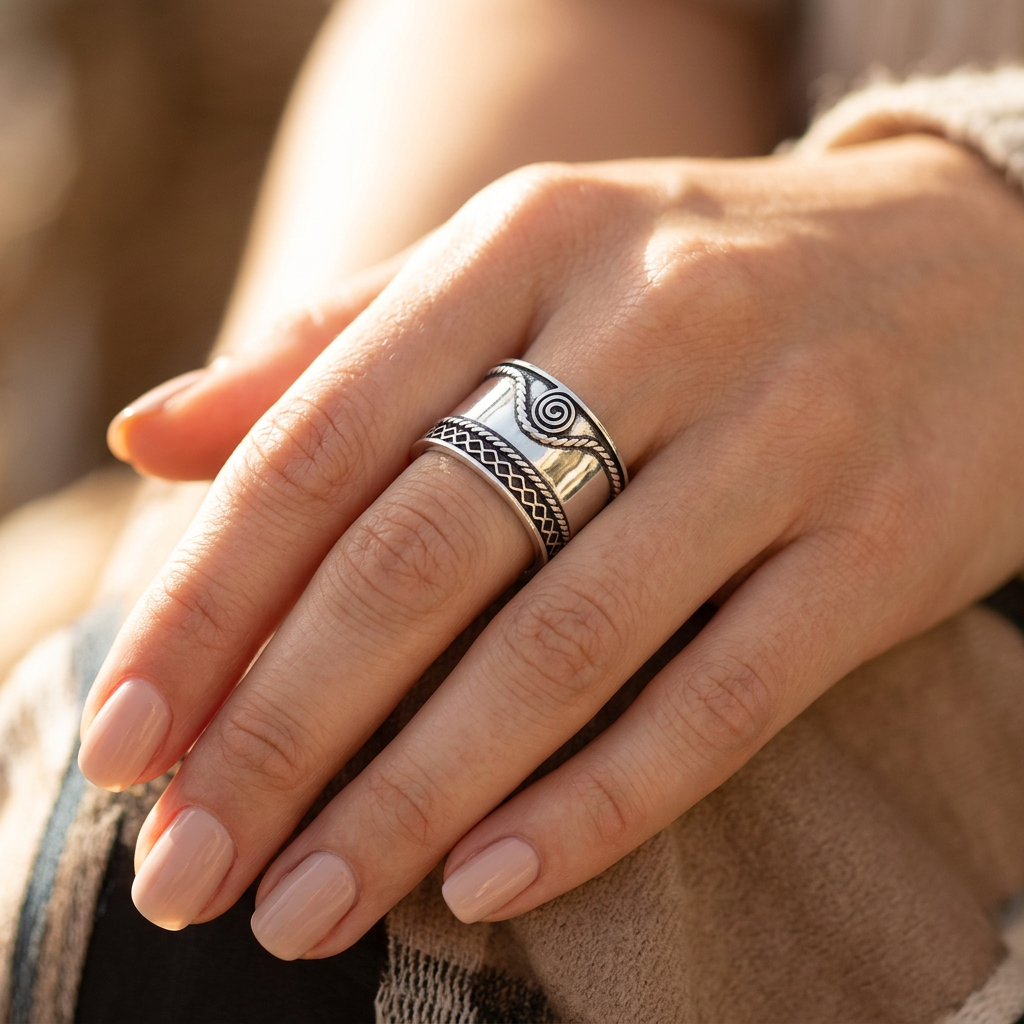 Sterling Silver 11.9mm Oxidized Bali Spiral Wide Cigar Band Ring for Women model