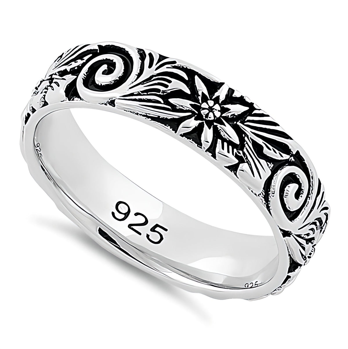 Sterling Silver Oxidized Flower and Spiral Swirl 5mm Eternity Band Ring for Women