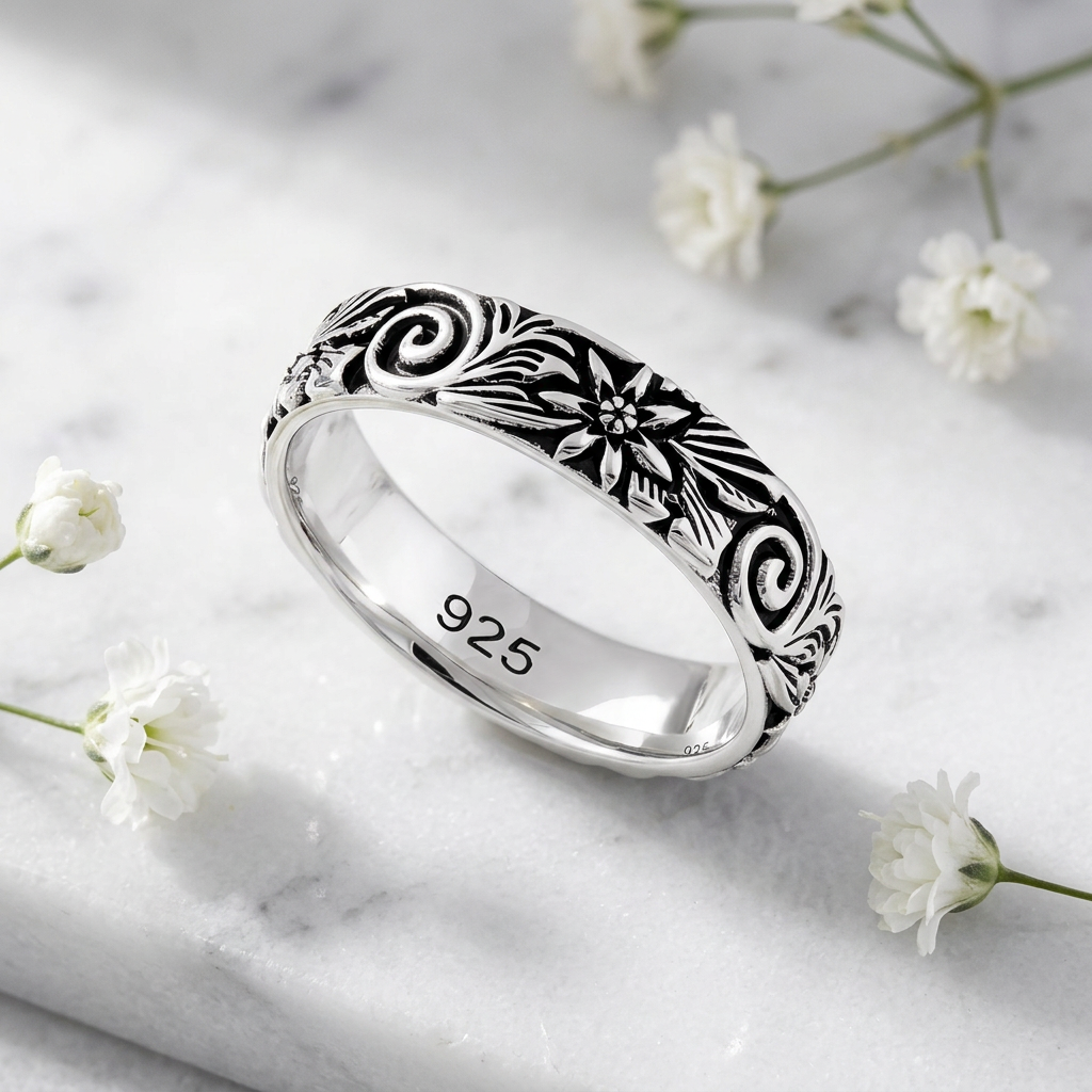 Sterling Silver Oxidized Flower and Spiral Swirl 5mm Eternity Band Ring for Women life1