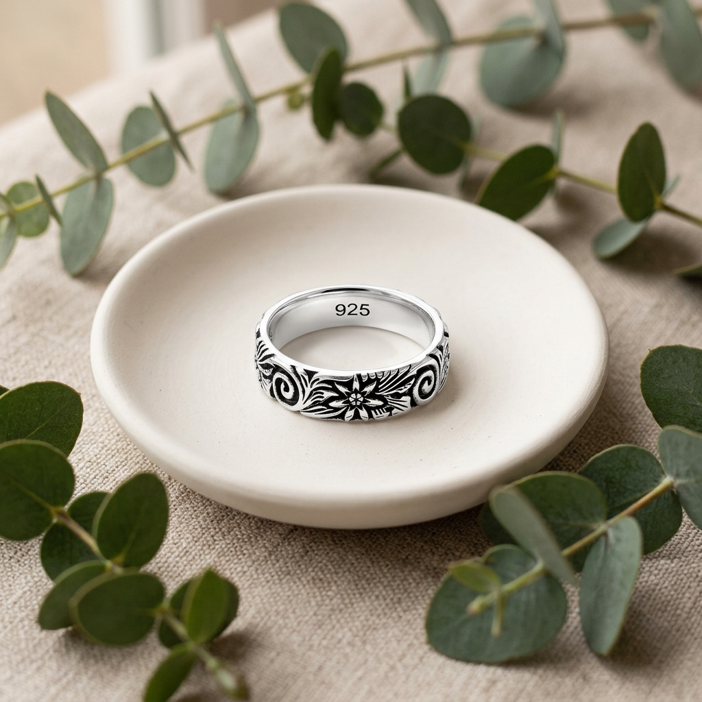 Sterling Silver Oxidized Flower and Spiral Swirl 5mm Eternity Band Ring for Women life2