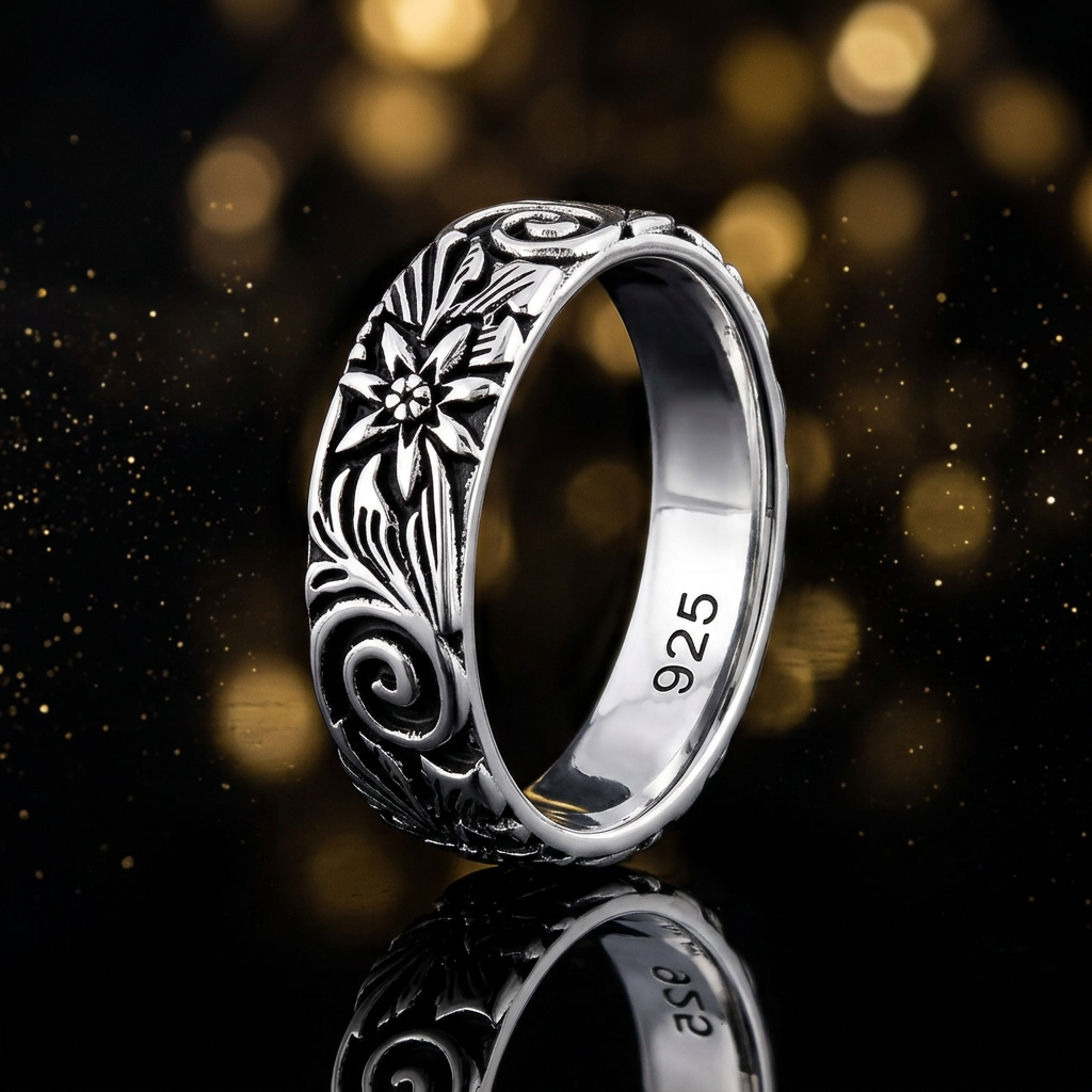 Sterling Silver Oxidized Flower and Spiral Swirl 5mm Eternity Band Ring for Women life4