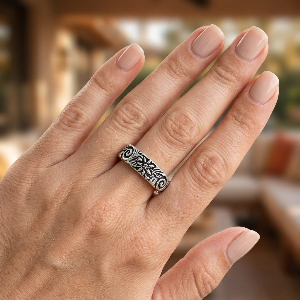 Sterling Silver Oxidized Flower and Spiral Swirl 5mm Eternity Band Ring for Women model