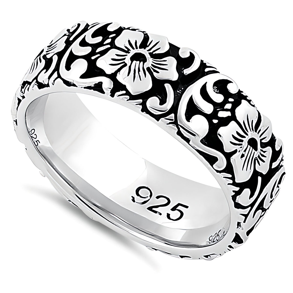 Sterling Silver 6.6mm Oxidized Hibiscus Flower Garden Eternity Band Ring for Women