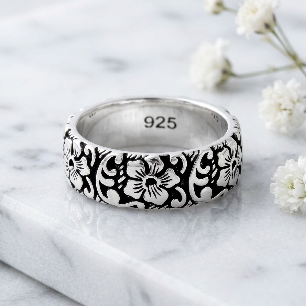 Sterling Silver 6.6mm Oxidized Hibiscus Flower Garden Eternity Band Ring for Women life1