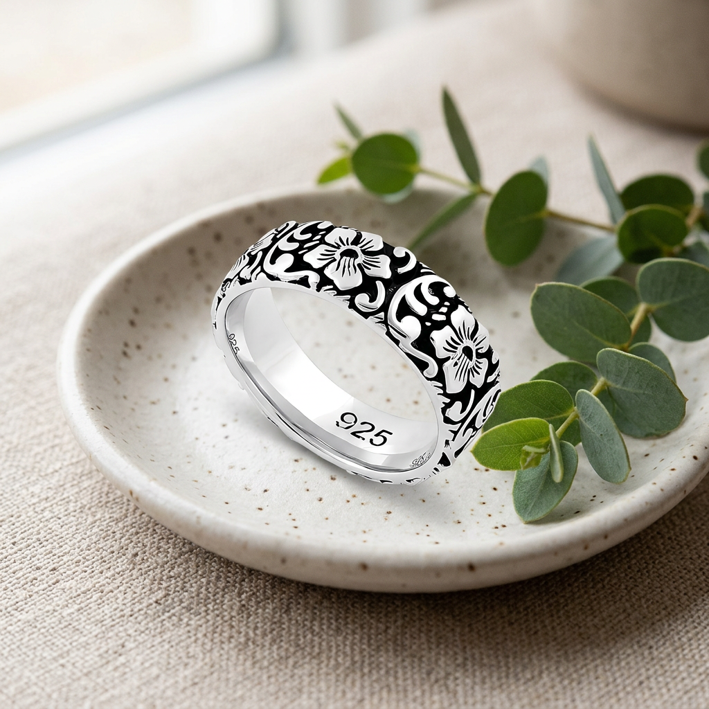 Sterling Silver 6.6mm Oxidized Hibiscus Flower Garden Eternity Band Ring for Women life2