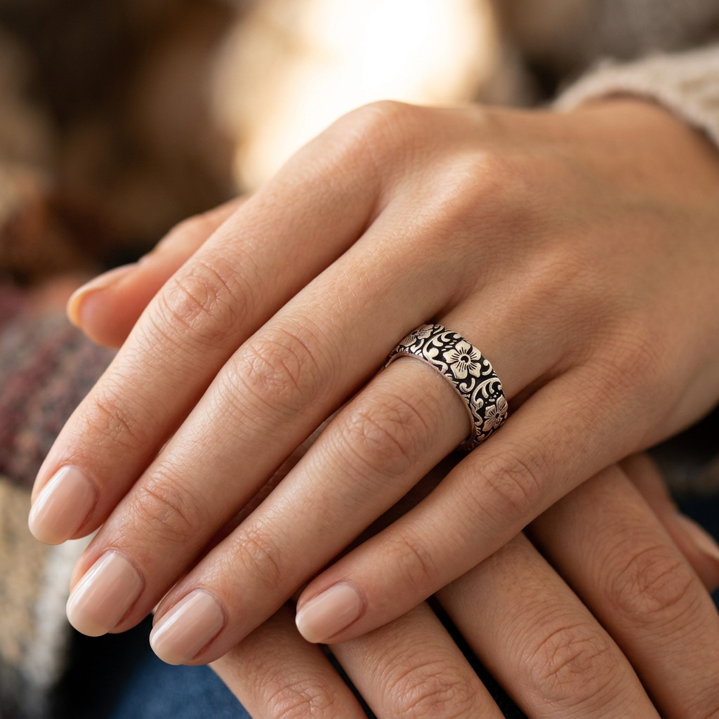 Sterling Silver 6.6mm Oxidized Hibiscus Flower Garden Eternity Band Ring for Women model